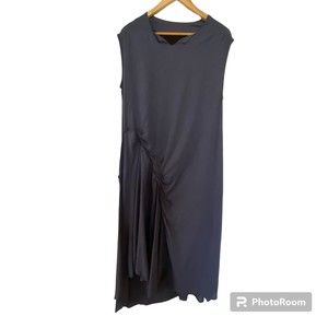 Maxi Ruched Dress, Asymmetrical Hem, Indigo, Cottagecore,Boho, Cotton,Pockets, L